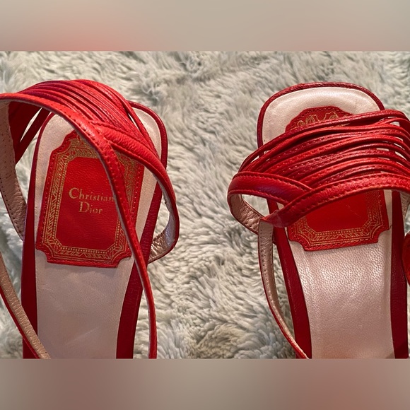 DIOR strappy Red Sandals with Grommet Detail and Gold Embossed Buckle - Picture 13 of 16